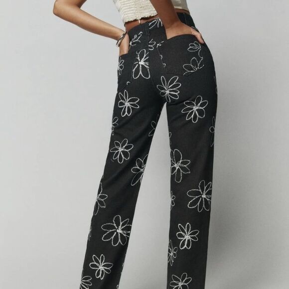 Reformation Black and White Daisy High-Rise Straight Long Jeans Size 27 - Picture 2 of 16